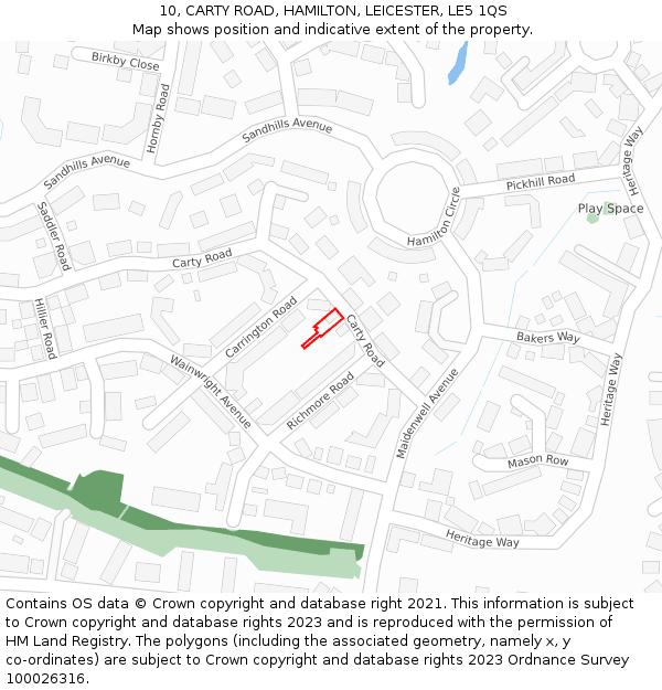 10, CARTY ROAD, HAMILTON, LEICESTER, LE5 1QS: Location map and indicative extent of plot