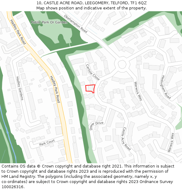 10, CASTLE ACRE ROAD, LEEGOMERY, TELFORD, TF1 6QZ: Location map and indicative extent of plot