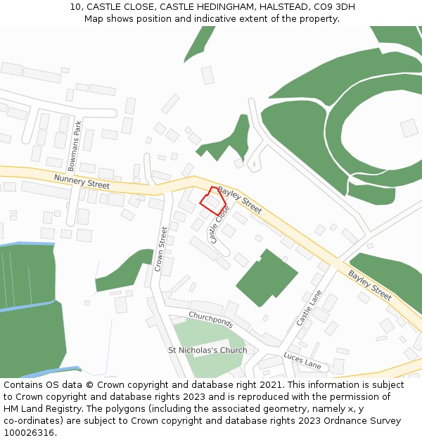 10, CASTLE CLOSE, CASTLE HEDINGHAM, HALSTEAD, CO9 3DH: Location map and indicative extent of plot