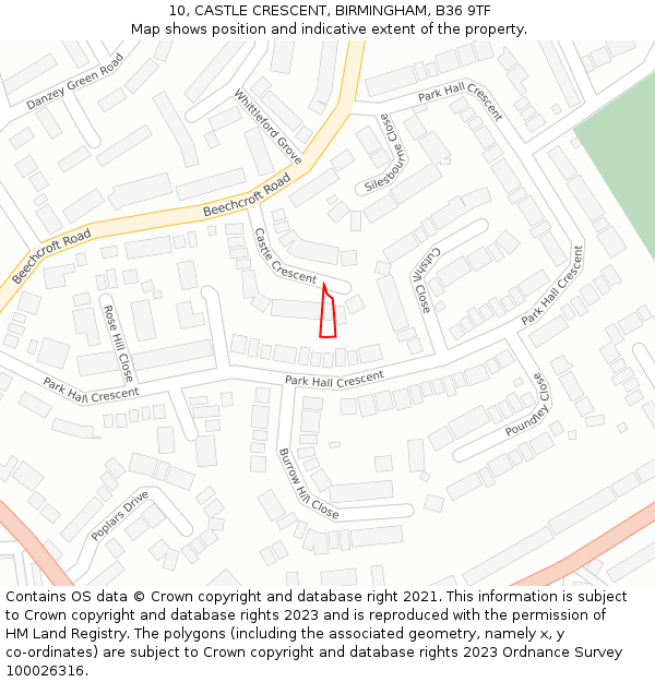 10, CASTLE CRESCENT, BIRMINGHAM, B36 9TF: Location map and indicative extent of plot