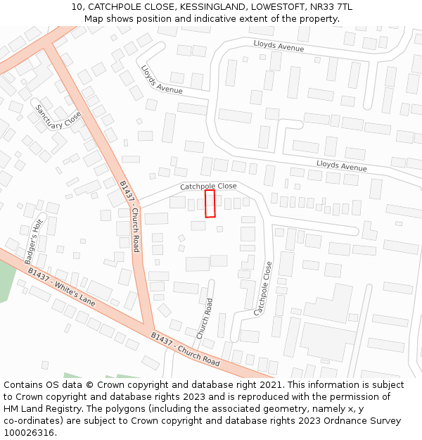 10, CATCHPOLE CLOSE, KESSINGLAND, LOWESTOFT, NR33 7TL: Location map and indicative extent of plot
