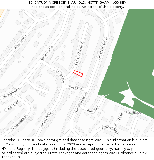 10, CATRIONA CRESCENT, ARNOLD, NOTTINGHAM, NG5 8EN: Location map and indicative extent of plot