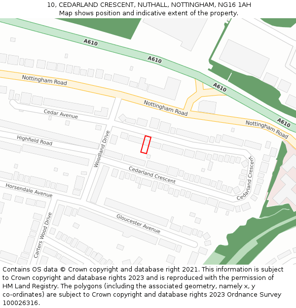 10, CEDARLAND CRESCENT, NUTHALL, NOTTINGHAM, NG16 1AH: Location map and indicative extent of plot