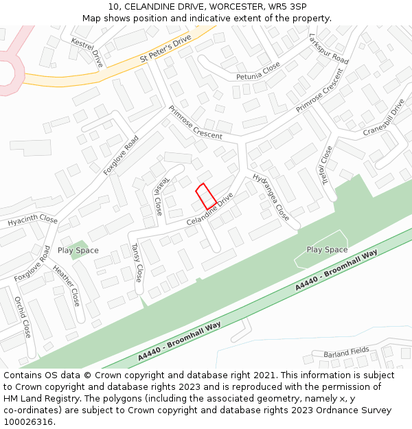 10, CELANDINE DRIVE, WORCESTER, WR5 3SP: Location map and indicative extent of plot