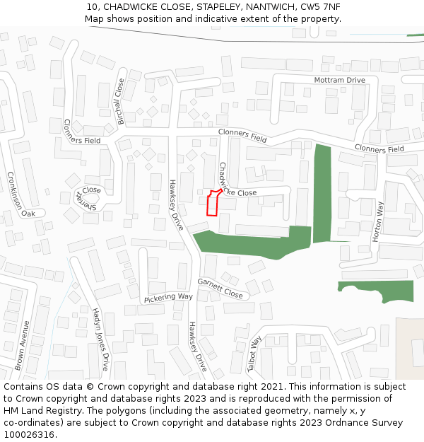 10, CHADWICKE CLOSE, STAPELEY, NANTWICH, CW5 7NF: Location map and indicative extent of plot