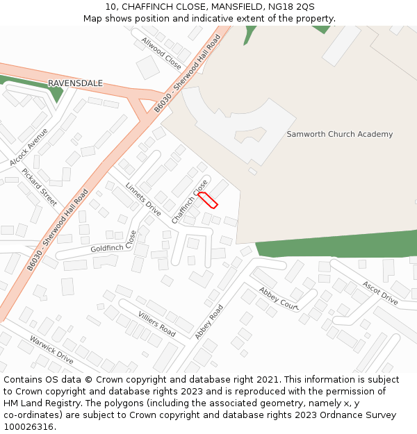 10, CHAFFINCH CLOSE, MANSFIELD, NG18 2QS: Location map and indicative extent of plot
