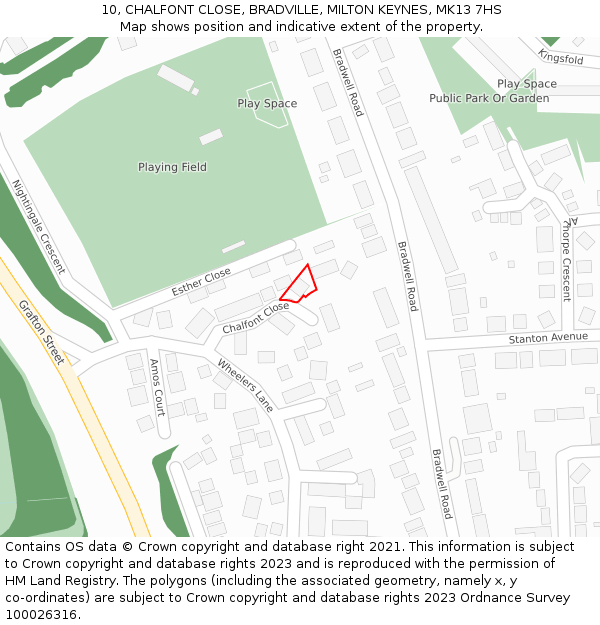 10, CHALFONT CLOSE, BRADVILLE, MILTON KEYNES, MK13 7HS: Location map and indicative extent of plot