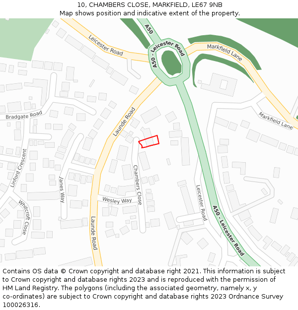 10, CHAMBERS CLOSE, MARKFIELD, LE67 9NB: Location map and indicative extent of plot