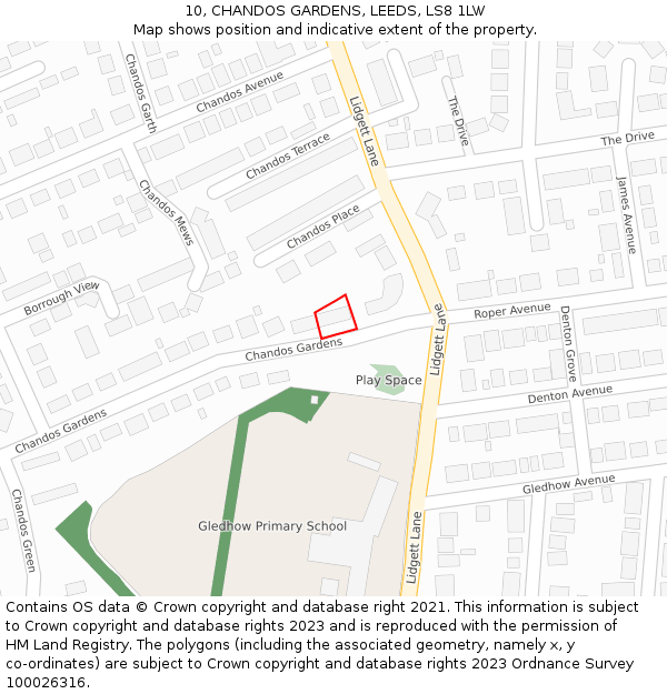 10, CHANDOS GARDENS, LEEDS, LS8 1LW: Location map and indicative extent of plot