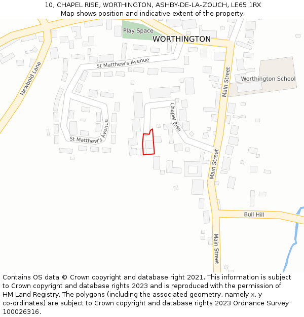 10, CHAPEL RISE, WORTHINGTON, ASHBY-DE-LA-ZOUCH, LE65 1RX: Location map and indicative extent of plot