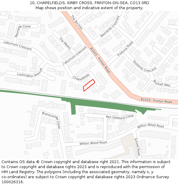 10, CHAPELFIELDS, KIRBY CROSS, FRINTON-ON-SEA, CO13 0RD: Location map and indicative extent of plot