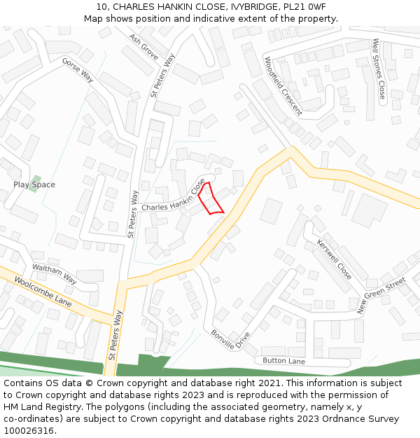 10, CHARLES HANKIN CLOSE, IVYBRIDGE, PL21 0WF: Location map and indicative extent of plot