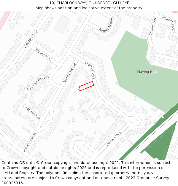 10, CHARLOCK WAY, GUILDFORD, GU1 1YB: Location map and indicative extent of plot