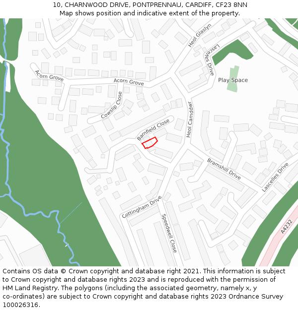 10, CHARNWOOD DRIVE, PONTPRENNAU, CARDIFF, CF23 8NN: Location map and indicative extent of plot