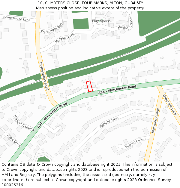 10, CHARTERS CLOSE, FOUR MARKS, ALTON, GU34 5FY: Location map and indicative extent of plot