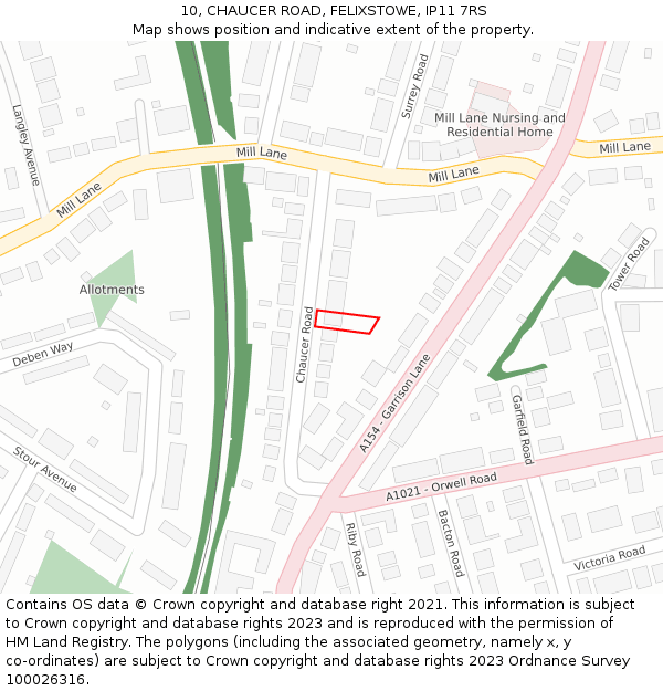 10, CHAUCER ROAD, FELIXSTOWE, IP11 7RS: Location map and indicative extent of plot