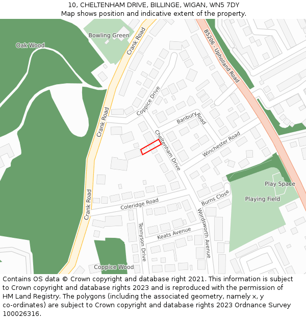 10, CHELTENHAM DRIVE, BILLINGE, WIGAN, WN5 7DY: Location map and indicative extent of plot