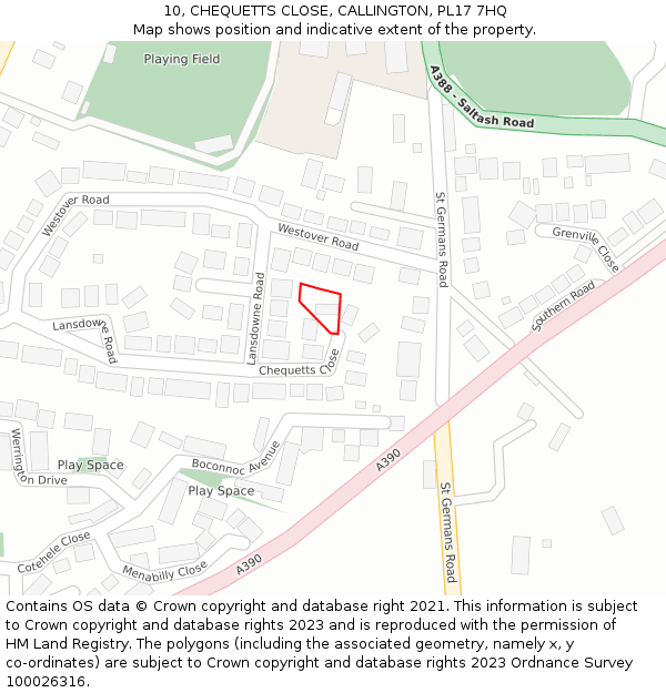 10, CHEQUETTS CLOSE, CALLINGTON, PL17 7HQ: Location map and indicative extent of plot