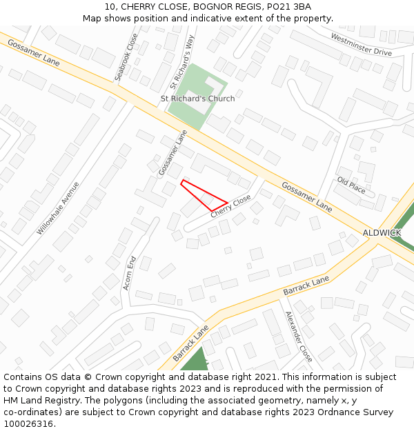 10, CHERRY CLOSE, BOGNOR REGIS, PO21 3BA: Location map and indicative extent of plot