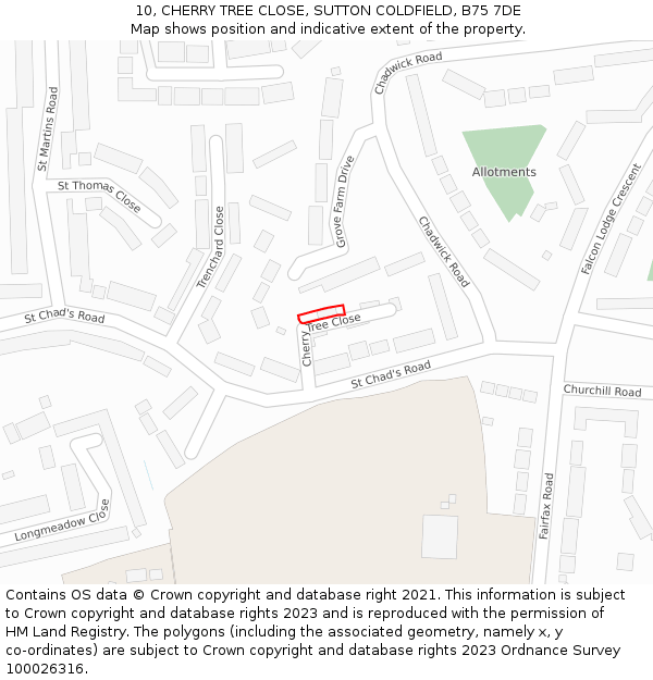 10, CHERRY TREE CLOSE, SUTTON COLDFIELD, B75 7DE: Location map and indicative extent of plot