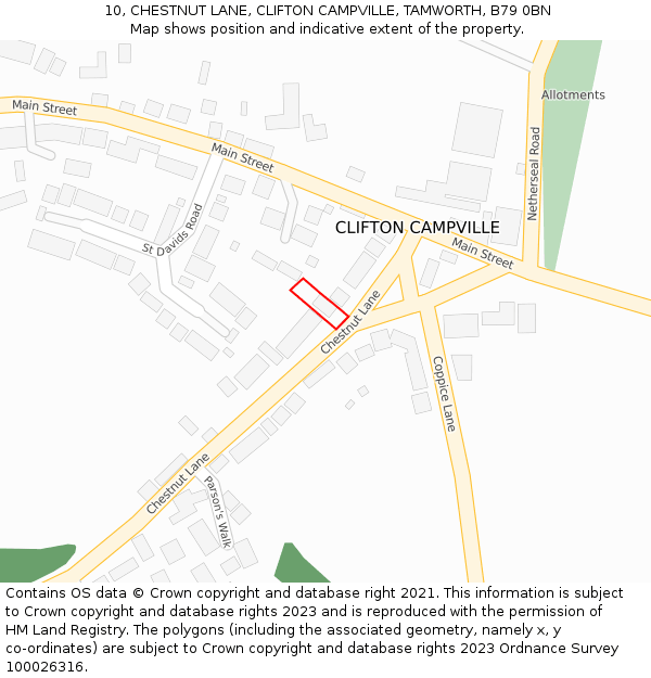 10, CHESTNUT LANE, CLIFTON CAMPVILLE, TAMWORTH, B79 0BN: Location map and indicative extent of plot