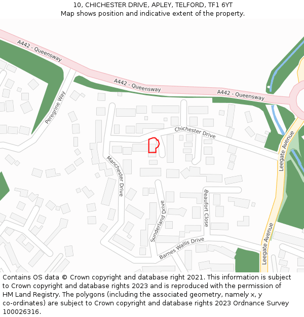 10, CHICHESTER DRIVE, APLEY, TELFORD, TF1 6YT: Location map and indicative extent of plot