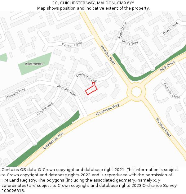 10, CHICHESTER WAY, MALDON, CM9 6YY: Location map and indicative extent of plot