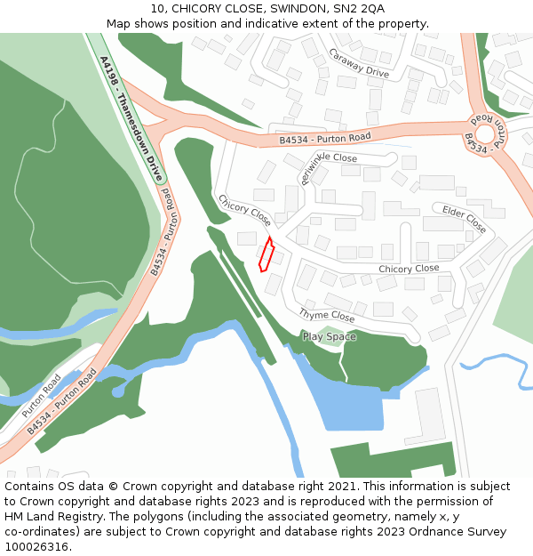 10, CHICORY CLOSE, SWINDON, SN2 2QA: Location map and indicative extent of plot