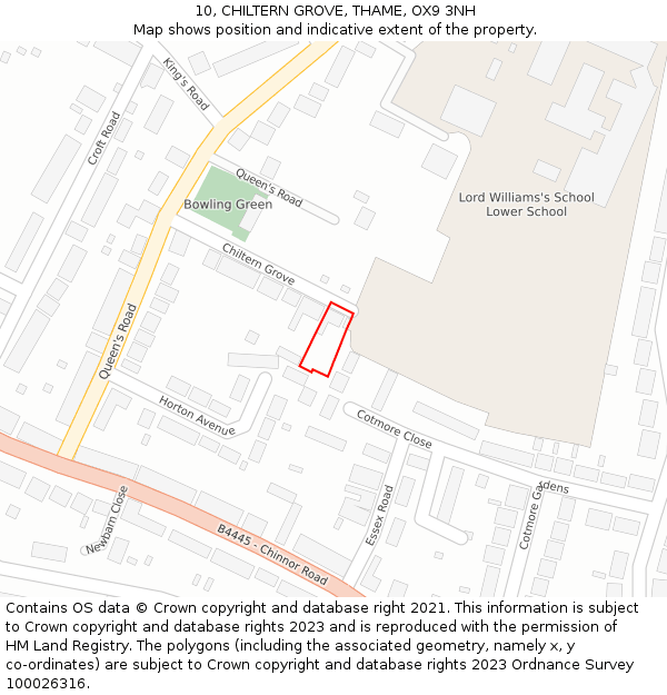 10, CHILTERN GROVE, THAME, OX9 3NH: Location map and indicative extent of plot