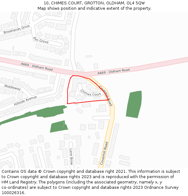 10, CHIMES COURT, GROTTON, OLDHAM, OL4 5QW: Location map and indicative extent of plot