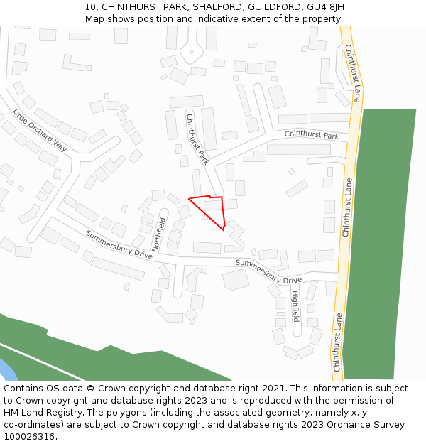 10, CHINTHURST PARK, SHALFORD, GUILDFORD, GU4 8JH: Location map and indicative extent of plot