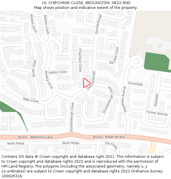 10, CHIPCHASE CLOSE, BEDLINGTON, NE22 6ND: Location map and indicative extent of plot
