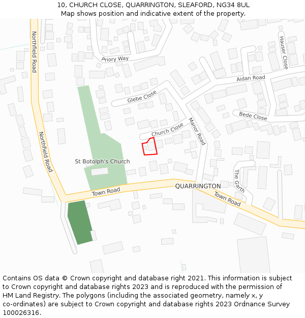 10, CHURCH CLOSE, QUARRINGTON, SLEAFORD, NG34 8UL: Location map and indicative extent of plot