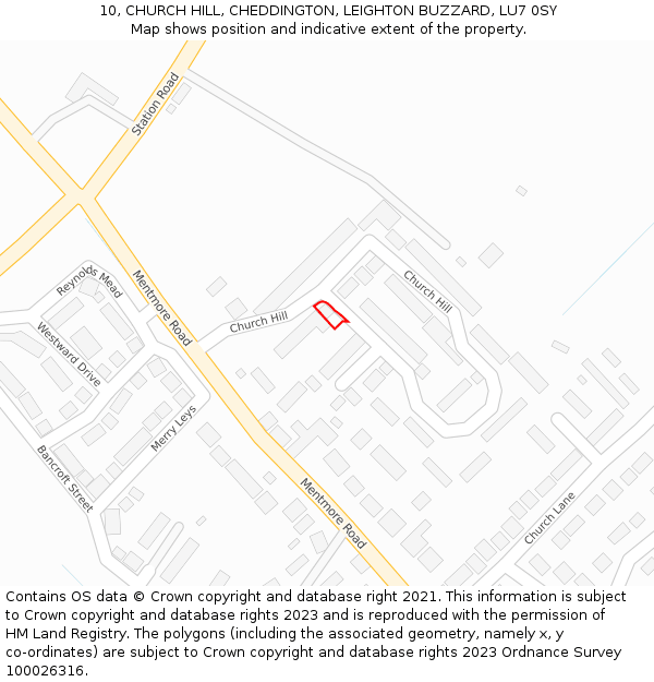 10, CHURCH HILL, CHEDDINGTON, LEIGHTON BUZZARD, LU7 0SY: Location map and indicative extent of plot