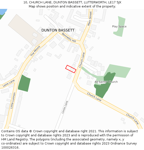 10, CHURCH LANE, DUNTON BASSETT, LUTTERWORTH, LE17 5JX: Location map and indicative extent of plot