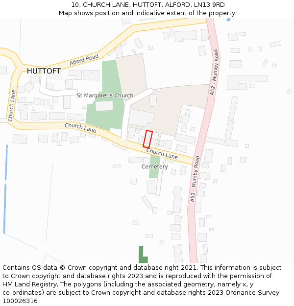 10, CHURCH LANE, HUTTOFT, ALFORD, LN13 9RD: Location map and indicative extent of plot