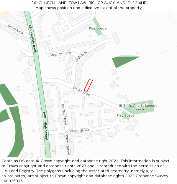 10, CHURCH LANE, TOW LAW, BISHOP AUCKLAND, DL13 4HE: Location map and indicative extent of plot