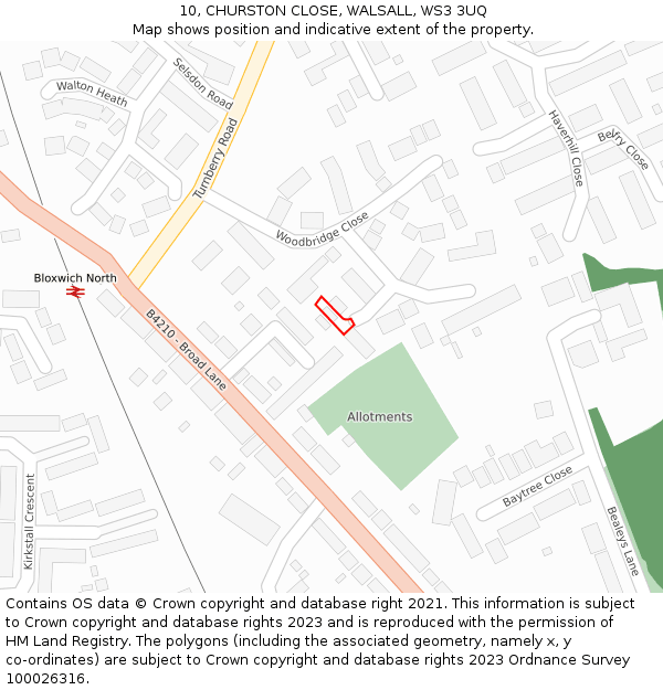 10, CHURSTON CLOSE, WALSALL, WS3 3UQ: Location map and indicative extent of plot