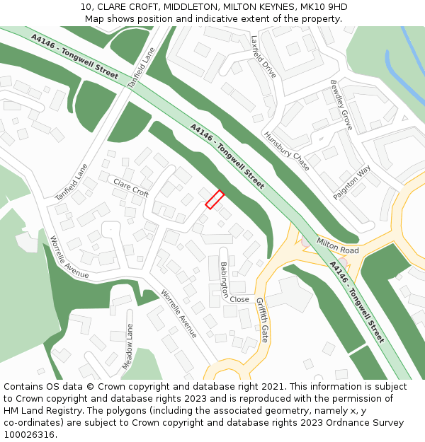 10, CLARE CROFT, MIDDLETON, MILTON KEYNES, MK10 9HD: Location map and indicative extent of plot