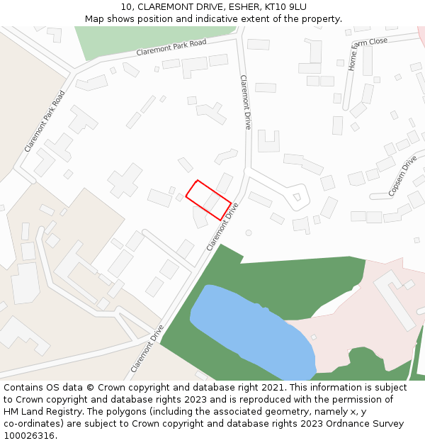 10, CLAREMONT DRIVE, ESHER, KT10 9LU: Location map and indicative extent of plot