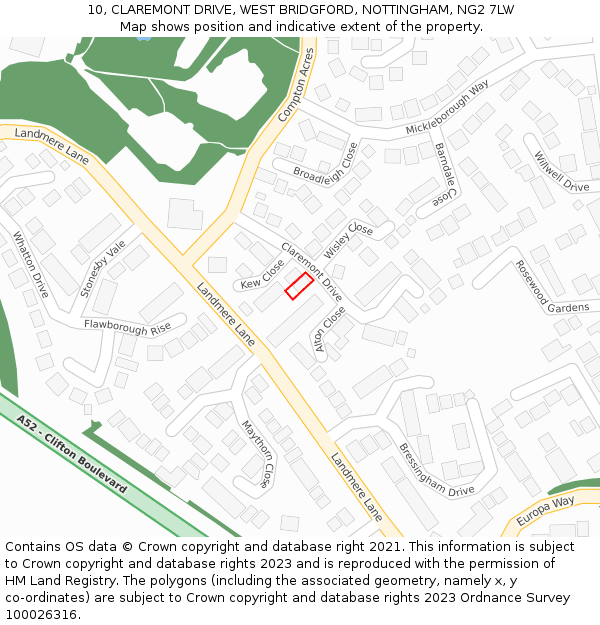 10, CLAREMONT DRIVE, WEST BRIDGFORD, NOTTINGHAM, NG2 7LW: Location map and indicative extent of plot