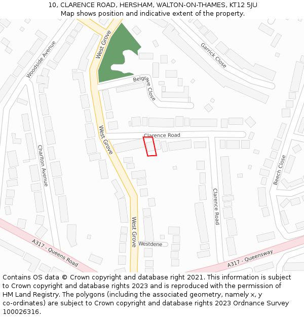 10, CLARENCE ROAD, HERSHAM, WALTON-ON-THAMES, KT12 5JU: Location map and indicative extent of plot
