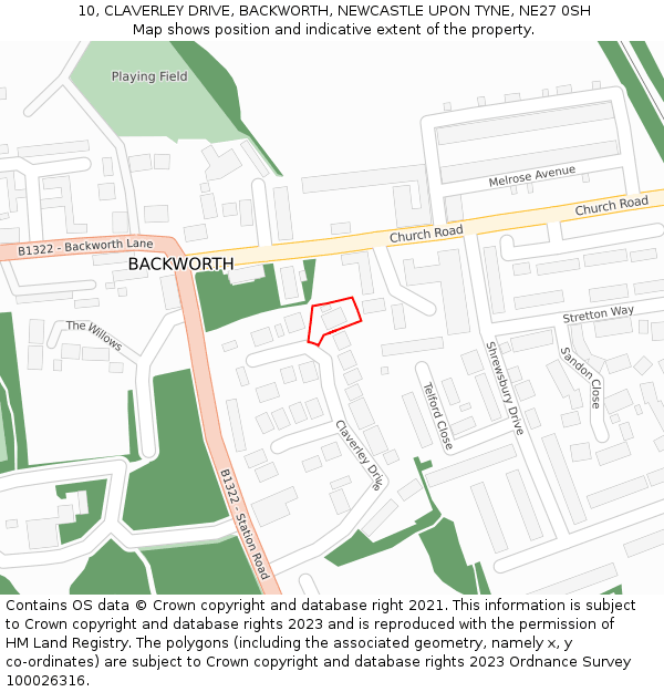 10, CLAVERLEY DRIVE, BACKWORTH, NEWCASTLE UPON TYNE, NE27 0SH: Location map and indicative extent of plot