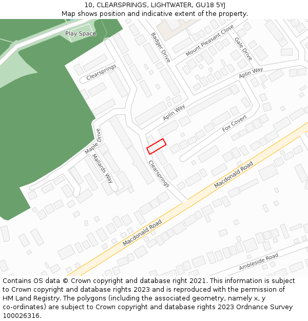 10, CLEARSPRINGS, LIGHTWATER, GU18 5YJ: Location map and indicative extent of plot