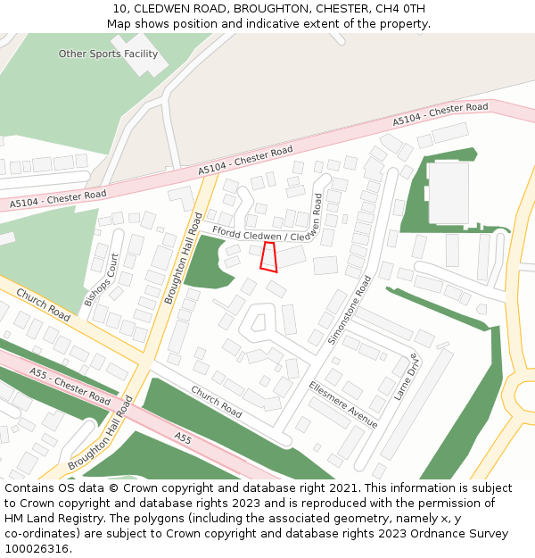 10, CLEDWEN ROAD, BROUGHTON, CHESTER, CH4 0TH: Location map and indicative extent of plot