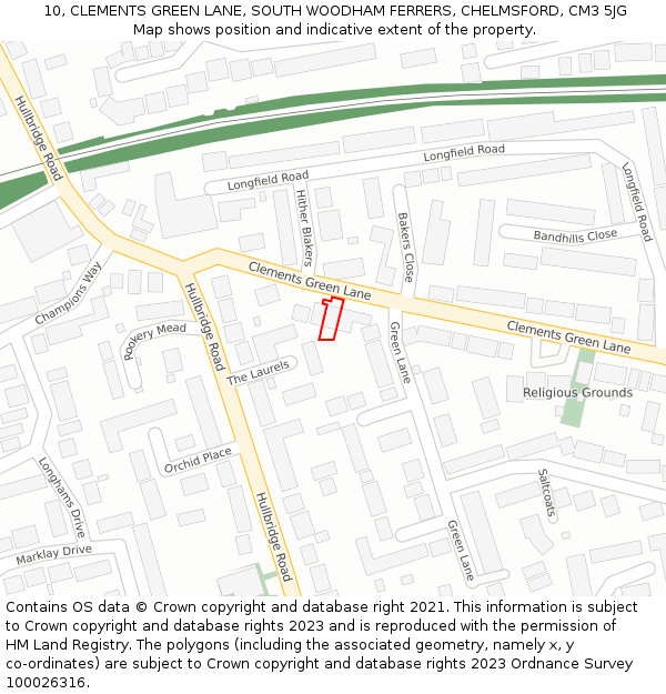 10, CLEMENTS GREEN LANE, SOUTH WOODHAM FERRERS, CHELMSFORD, CM3 5JG: Location map and indicative extent of plot