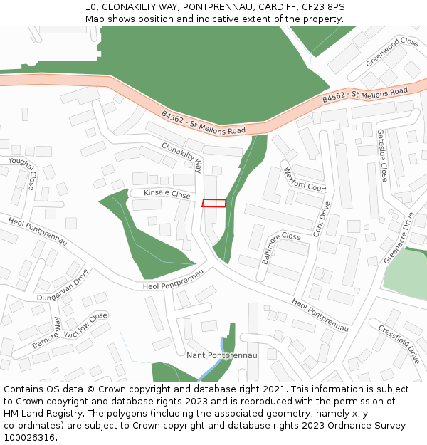 10, CLONAKILTY WAY, PONTPRENNAU, CARDIFF, CF23 8PS: Location map and indicative extent of plot