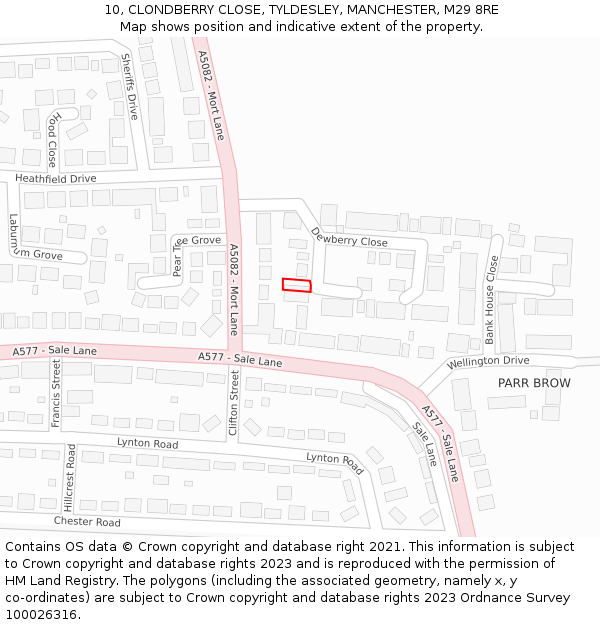 10, CLONDBERRY CLOSE, TYLDESLEY, MANCHESTER, M29 8RE: Location map and indicative extent of plot