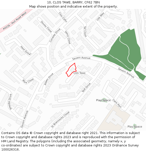 10, CLOS TAWE, BARRY, CF62 7BN: Location map and indicative extent of plot