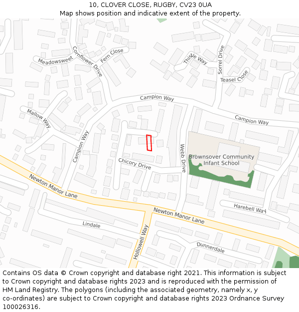 10, CLOVER CLOSE, RUGBY, CV23 0UA: Location map and indicative extent of plot